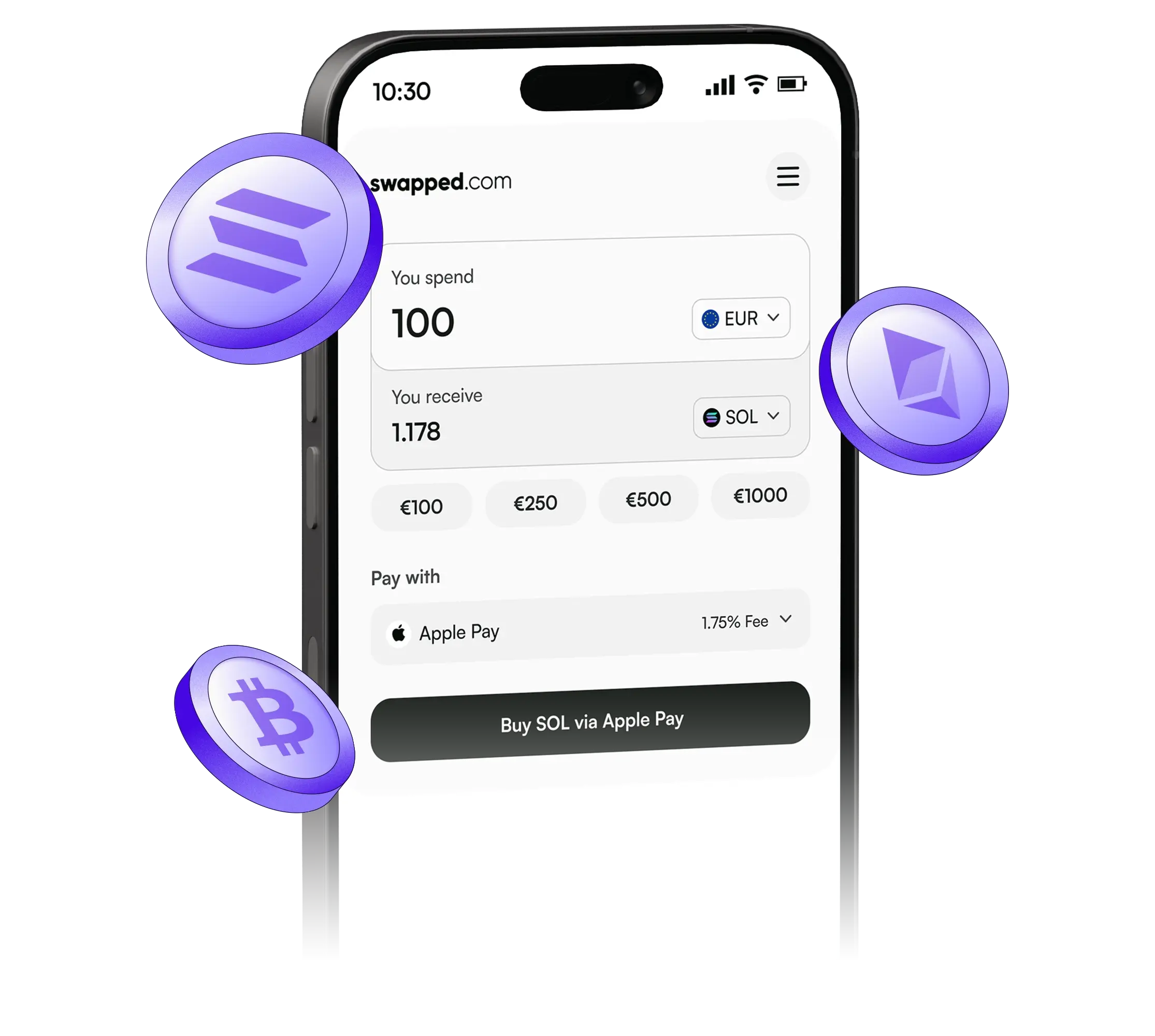 Reference purchase interface with payment and asset selectors